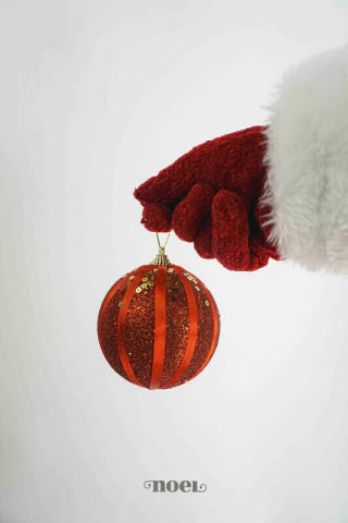 Bola decorada Natal c/ fitilhos cetim/glitter - 10cm c/ 3