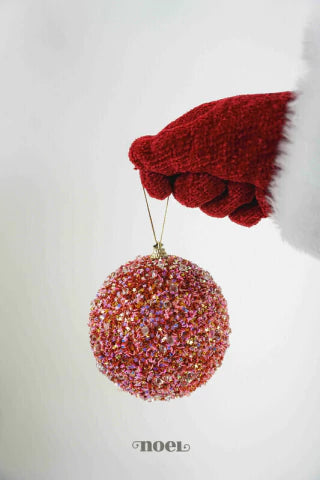 Bola decorada Natal paetê c/ glitter rosa/furta-cor - 10cm c/3