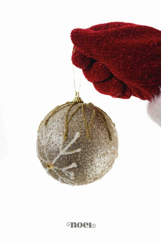 Bola decorada Natal champanhe c/ flocos de neve branco detalhes dourado - 10cm c/3