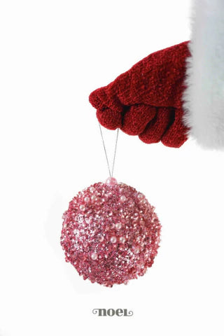 Bola decorada Natal paetê/pedraria rosa - 10cm c/3