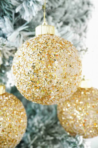 Bola decorada Natal pedraria dourado/branco - 10cm c/3