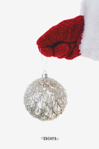 Bola decorada Natal estilo pinha nevada prata/champanhe - 10cm c/3