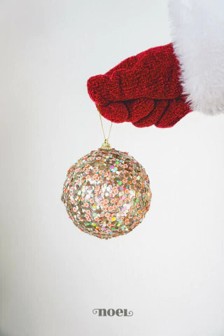 Bola decorada Natal paetê dourado/vermelho - 10cm c/3