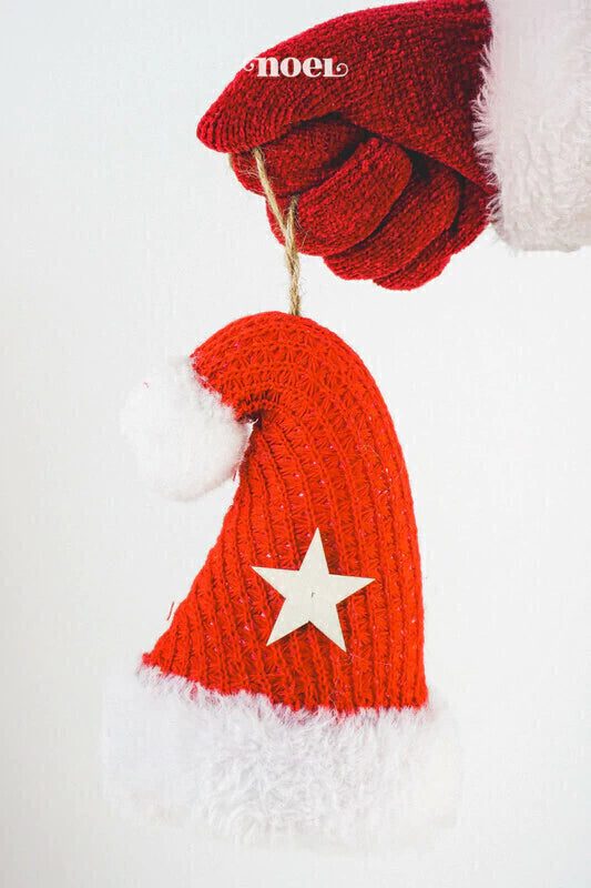 Pendente Natal gorro tricô/pelúcia c/ estrela madeira vermelho/branco - 15cm c/1