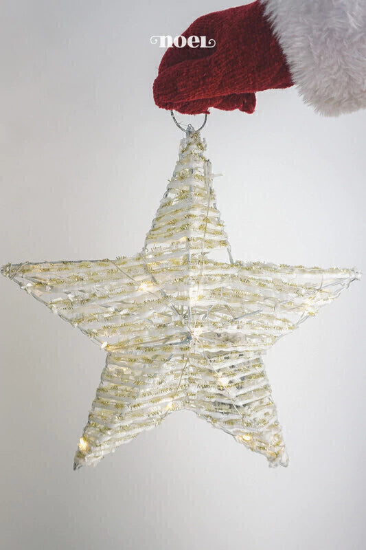 Pendente Natal estrela c/ led tecido c/ glitter dourado/branco - 30cm c/1