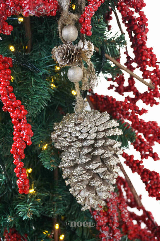 Pendente Pinha realista c/ laço de juta prata/nude - 27cm