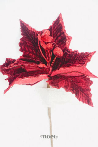 Flor natalina poinsettia tecido veludo c/ glitter bordô - 28cm c/1