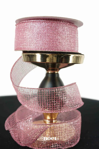 Fita Natal aramada organza c/ detalhes glitter rosa - 3,8cmx9,14m c/1