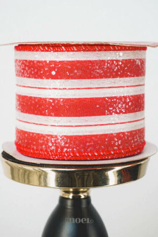 Fita Natal aramada poliéster c/listras nevada vermelho/branco - 6,3cmx9,14m c/1