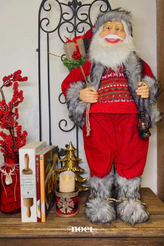 Papai Noel em pé vermelho/cinza c/ lanterna - 60cm