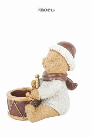 Urso Natalino c/ Tambor Resina Nude/Marrom - 11cm