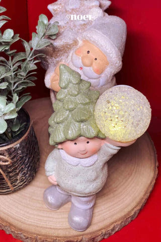 Boneco natal c/ bola de cristal c/ led resina verde/cinza - 20cm