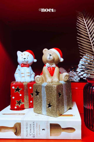 Gatinho presente natal resina c/ led vermelho/branco - 20cm