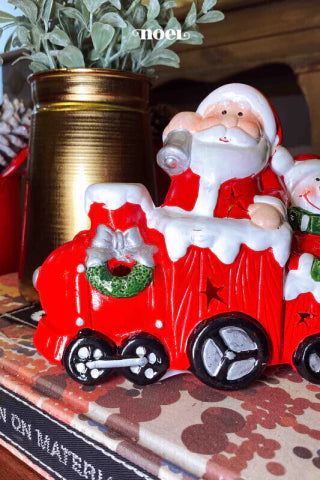 Trem c/Papai Noel/Boneco de Neve c/ Led Vermelho/Branco - 14cm