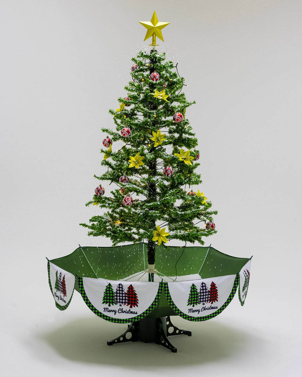 Árvore de Natal Grande, Base Guarda-Chuva com Neve, Iluminação, Música 190 x 115