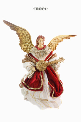 Anjo com violino e asas removíveis off-white/vermelho - 25cm