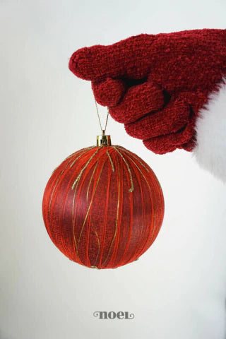 Bola decorada Natal fita vermelha c/ detalhes dourado - 10cm c/3