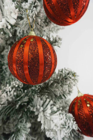 Bola decorada Natal c/ fitilhos cetim/glitter - 10cm c/ 3