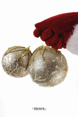 Bola decorada Natal champanhe c/ flocos de neve branco detalhes dourado - 10cm c/3