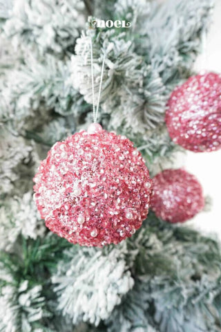 Bola decorada Natal paetê/pedraria rosa - 10cm c/3