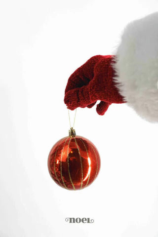 Bola decorada Natal listrada vermelho/dourado - 10cm c/3