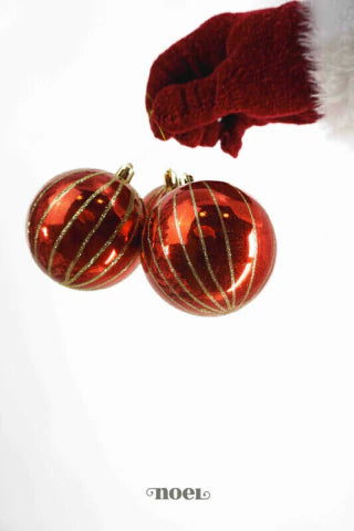 Bola decorada Natal listrada vermelho/dourado - 10cm c/3