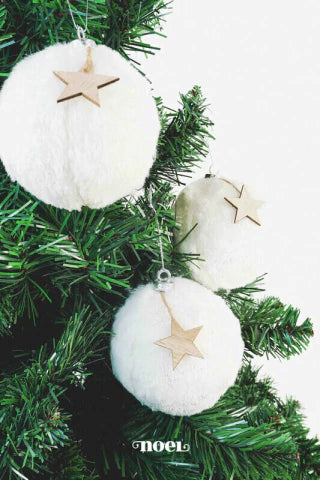 Bola decorada Natal Pelúcia/glitter branco - 10cm c/3