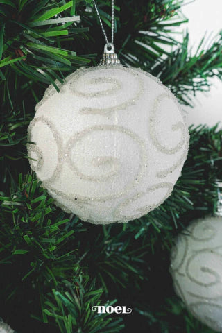 Bola decorada Natal arabesco branco - 10cm c/3