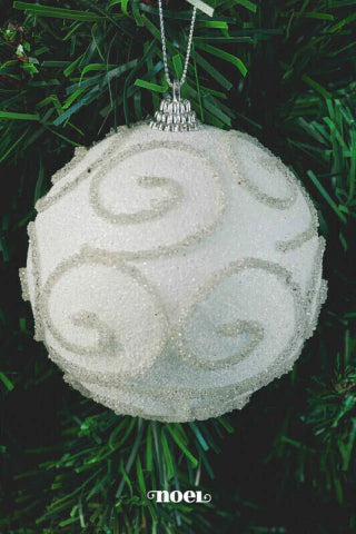 Bola decorada Natal arabesco branco - 10cm c/3