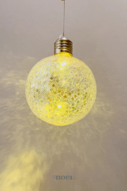 Bola decorada Natal c/ led Quente/lantejoulas branco/prata - 10cm c/3