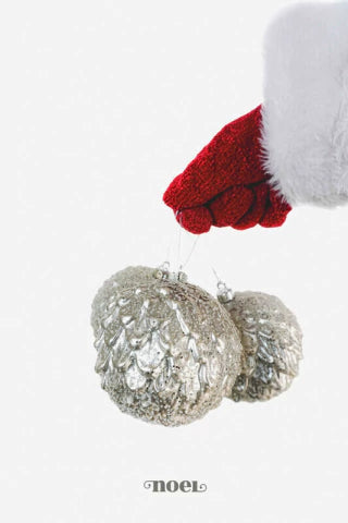 Bola decorada Natal estilo pinha nevada prata/champanhe - 10cm c/3