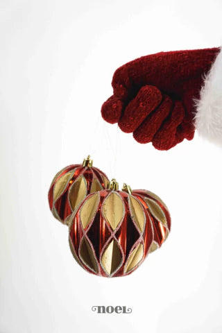 Bola decorada Natal texturizada vermelho/dourado - 8cm c/3