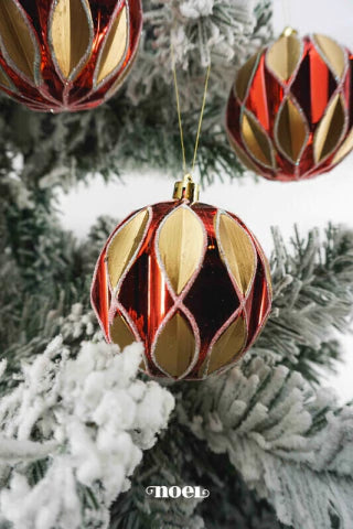 Bola decorada Natal texturizada vermelho/dourado - 8cm c/3