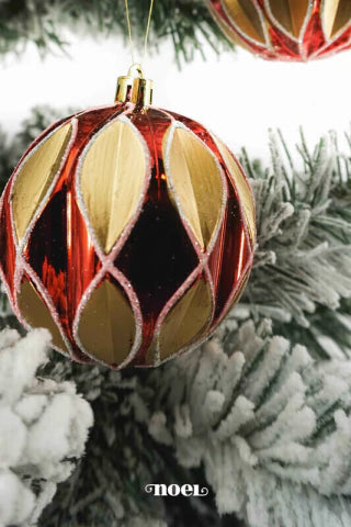 Bola decorada Natal texturizada vermelho/dourado - 8cm c/3