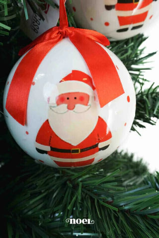 Bola decorada Papai Noel poá laço branco/vermelho - 10cm c/3