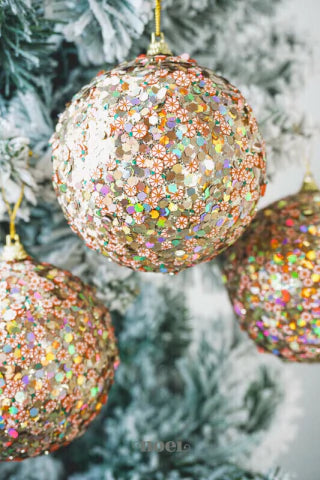 Bola decorada Natal paetê dourado/vermelho - 10cm c/3