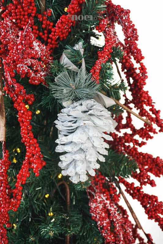 Pendente Pinha realista c/ laço de cetim branco/prata - 14cm