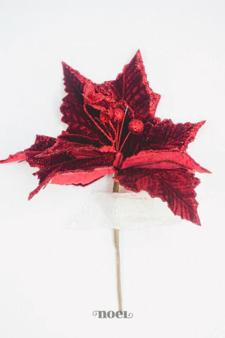 Flor natalina poinsettia tecido veludo c/ glitter bordô - 28cm c/1