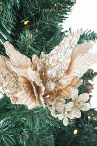 Flor natalina poinsettia tecido veludo c/ glitter nude/dourado - 28cm c/1