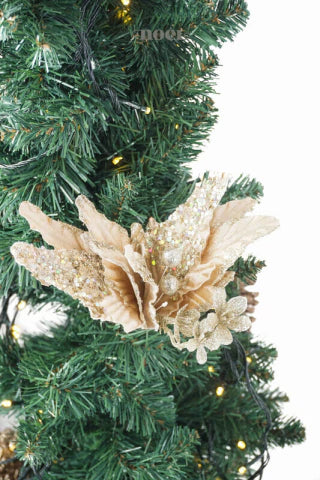 Flor natalina poinsettia tecido veludo c/ glitter nude/dourado - 28cm c/1