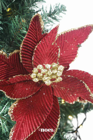 Flor natalina poinsettia tecido veludo c/ glitter vermelho/dourado - 33cm c/1