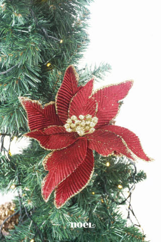 Flor natalina poinsettia tecido veludo c/ glitter vermelho/dourado - 33cm c/1
