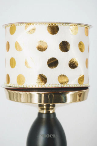 Fita aramada poliéster poá off-white/dourado - 6,3cmx9,14m c/1