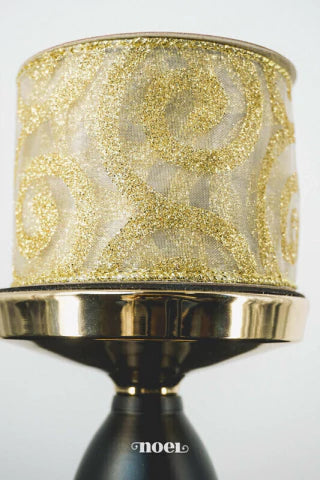 Fita Natal aramada organza c/ arabescos glitter dourado - 6,3cmx9,14m c/1