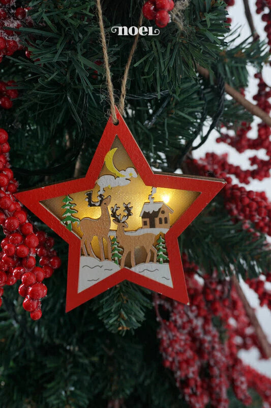 Pendente Natal c/ led estrela/renas madeira vermelho/branco - 12cm c/1