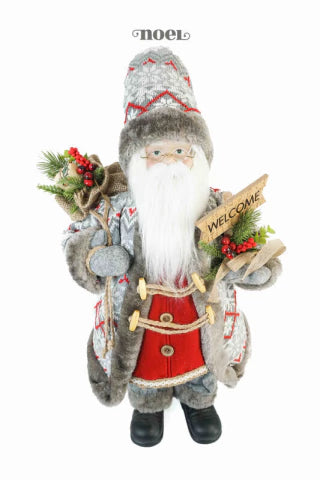 Papai Noel em Pé c/ Placa Welcome Cinza/Vermelho/Nude - 60cm