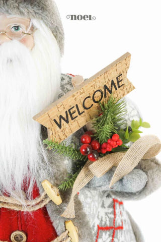 Papai Noel em Pé c/ Placa Welcome Cinza/Vermelho/Nude - 60cm