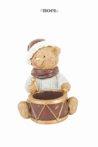 Urso Natalino c/ Tambor Resina Nude/Marrom - 11cm