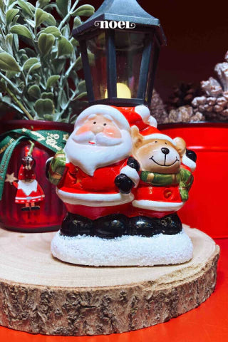 Papai Noel/rena resina lanterna c/led vermelho/branco c/1 - 20cm