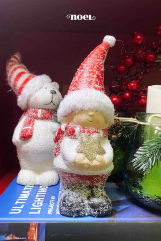 Boneco Natal nevado c/ estrela resina branco/vermelho - 20cm